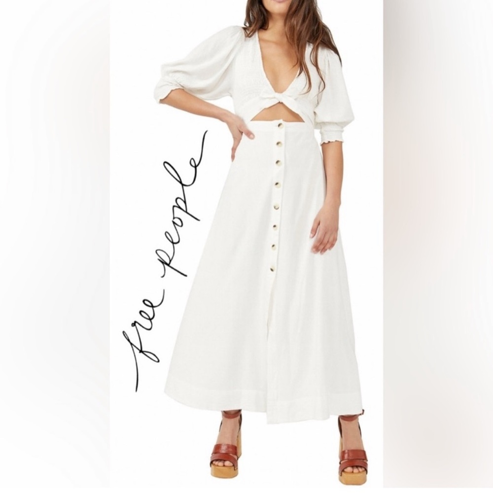 Free People String of Hearts Cut Out Shirred Bobo Maxi Dress Women's White